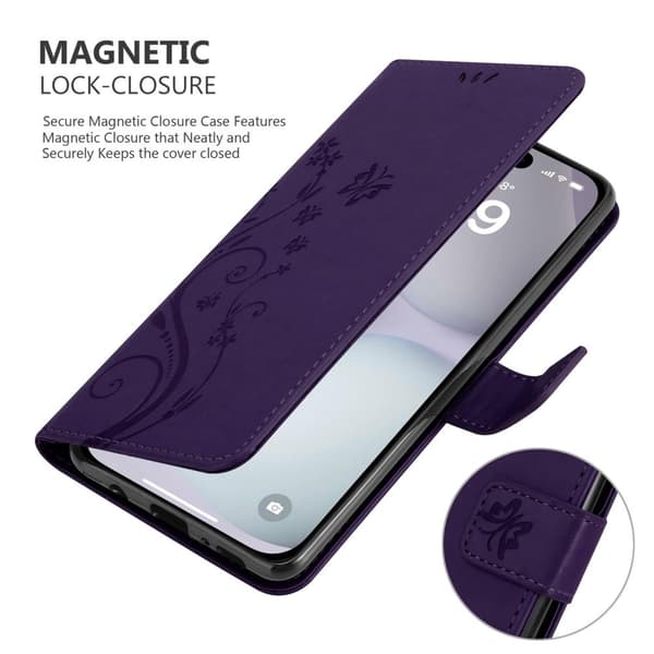 Deksel til iPhone 16 Lommebokdeksel i blomster design med magnetisk lukking, stativfunksjon og kortplasser