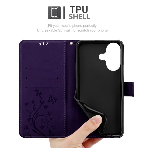Deksel til iPhone 16 Lommebokdeksel i blomster design med magnetisk lukking, stativfunksjon og kortplasser