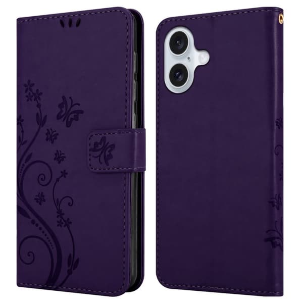 Deksel til iPhone 16 Lommebokdeksel i blomster design med magnetisk lukking, stativfunksjon og kortplasser