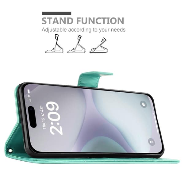 Deksel til iPhone 16 Lommebokdeksel i blomster design med magnetisk lukking, stativfunksjon og kortplasser