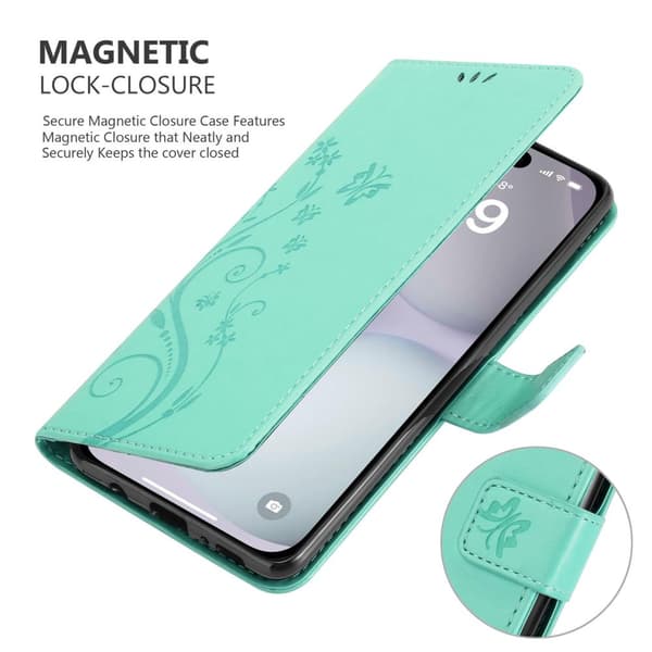 Deksel til iPhone 16 Lommebokdeksel i blomster design med magnetisk lukking, stativfunksjon og kortplasser