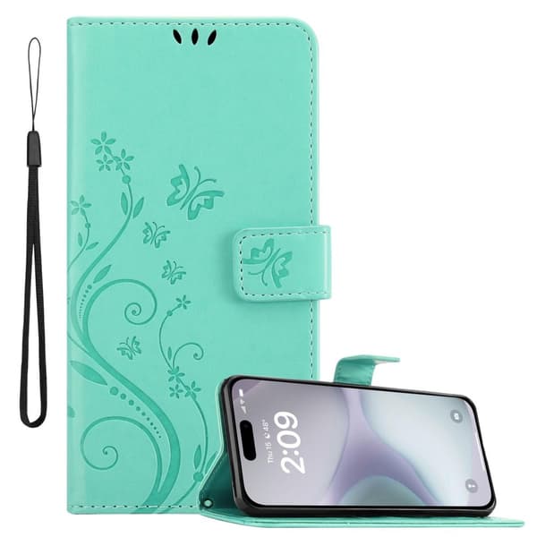 iPhone 16 PLUS Skal Fodral i blomdesign Mobilskydd Case Cover med magnetisk stängning, ståfunktion och kortplatser BLOMMA TURKOS