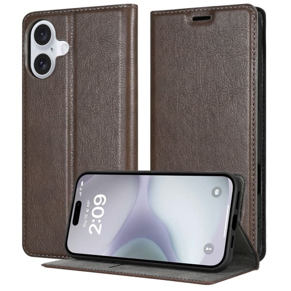 iPhone 16 PLUS Fodral Skal Plånboksfodral Case med magnetisk stängning, ståfunktion och kortficka KAFFE BRUNT