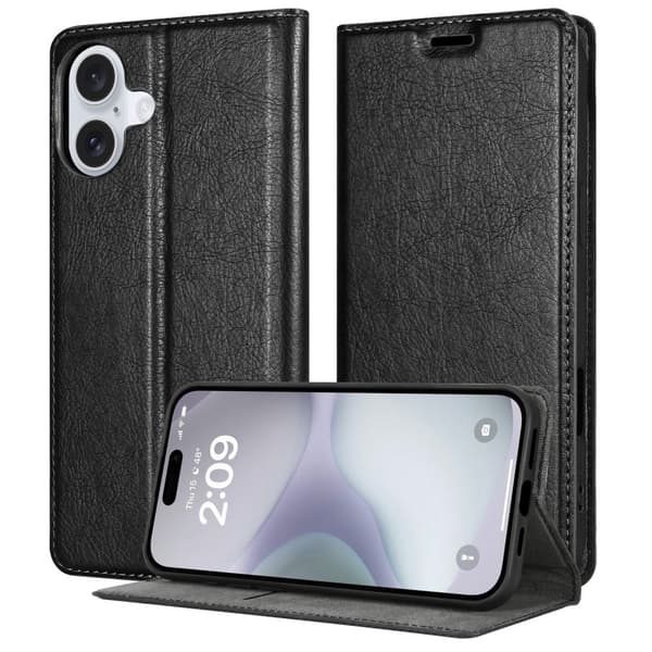 iPhone 16 Fodral Skal Plånboksfodral Case med magnetisk stängning, ståfunktion och kortficka NATTSVART