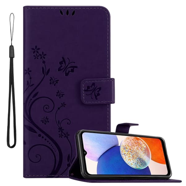Deksel til Samsung Galaxy A14 4G / 5G / M14 Lommebokdeksel i blomster design med magnetisk lukking, stativfunksjon og kortplasser BLOMSTER MØRK LILLA