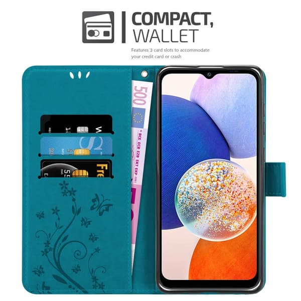 Deksel til Samsung Galaxy A14 4G / 5G / M14 Lommebokdeksel i blomster design med magnetisk lukking, stativfunksjon og kortplasser