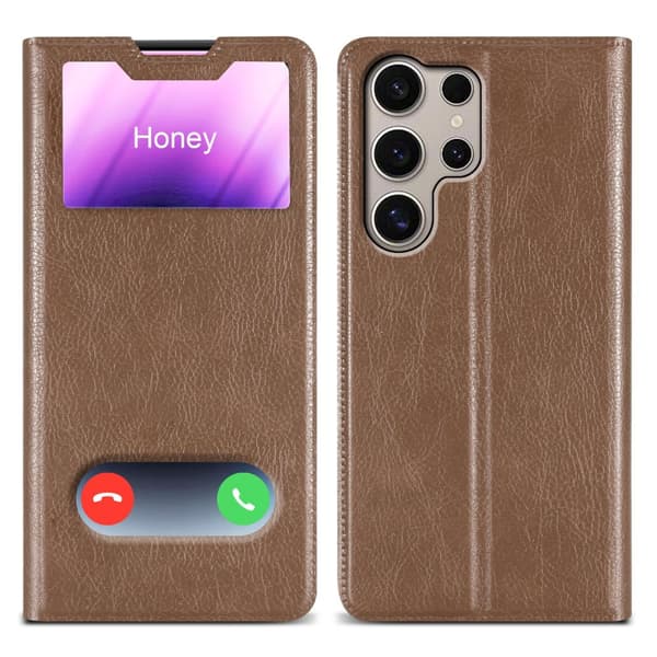 Samsung Galaxy S24 ULTRA Skal Plånboksfodral Fodral Case med magnetisk stängning, ståfunktion och 2 visningsfönster Brun