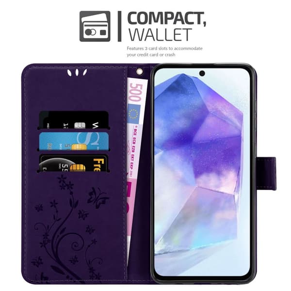 Deksel til Samsung Galaxy A55 Lommebokdeksel i blomster design med magnetisk lukking, stativfunksjon og kortplasser