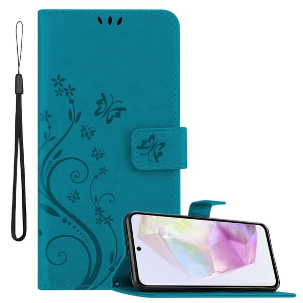 Samsung Galaxy A35 Skal Fodral i blomdesign Mobilskydd Case Cover med magnetisk stängning, ståfunktion och kortplatser FLORAL BLA