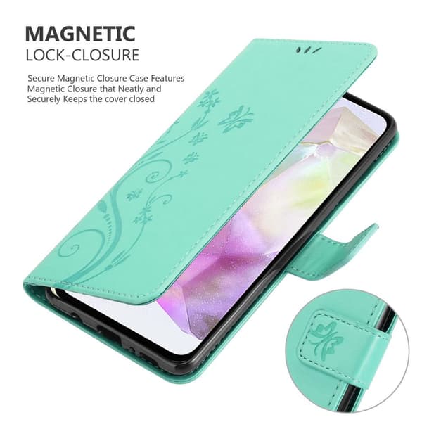 Deksel til Samsung Galaxy A35 Lommebokdeksel i blomster design med magnetisk lukking, stativfunksjon og kortplasser