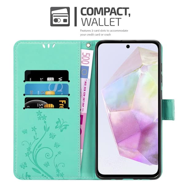 Deksel til Samsung Galaxy A35 Lommebokdeksel i blomster design med magnetisk lukking, stativfunksjon og kortplasser
