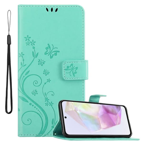 Deksel til Samsung Galaxy A35 Lommebokdeksel i blomster design med magnetisk lukking, stativfunksjon og kortplasser BLOMSTER TURKIS
