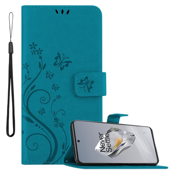 OnePlus 12 Skal Fodral i blomdesign Mobilskydd Case Cover med magnetisk stängning, ståfunktion och kortplatser FLORAL BLA