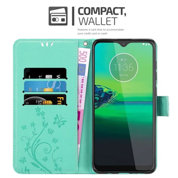 Deksel til Motorola MOTO G8 Lommebokdeksel i blomster design med magnetisk lukking, stativfunksjon og kortplasser