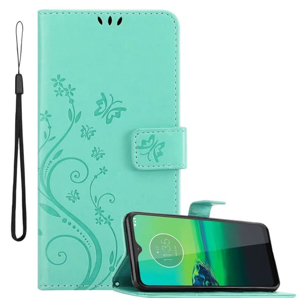 Deksel til Motorola MOTO G8 Lommebokdeksel i blomster design med magnetisk lukking, stativfunksjon og kortplasser Turkis