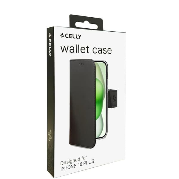 Celly iPhone 15 Plus Kotelo Wally Wallet Case Musta