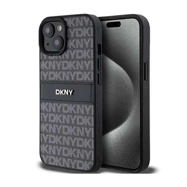 DKNY Leather Mono Stripe &amp; Metal Logo - Fodral för iPhone 15/14/13 (svart)