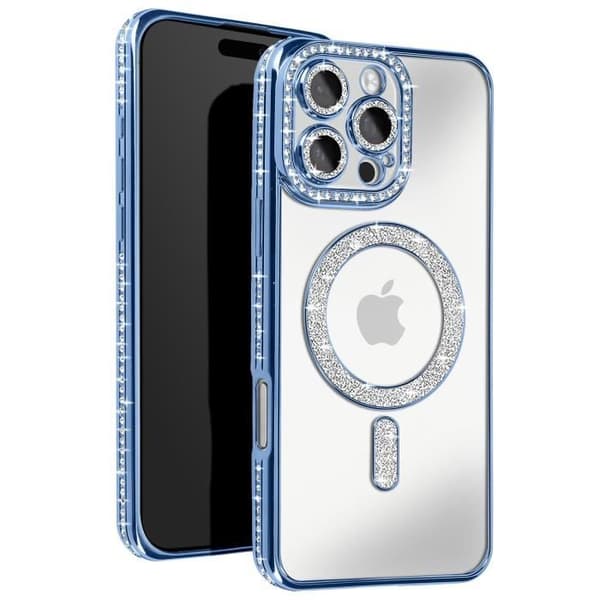 Diamantfodral till iPhone 16 Pro MagSafe Protection Rhinestone Contour Ljusblå