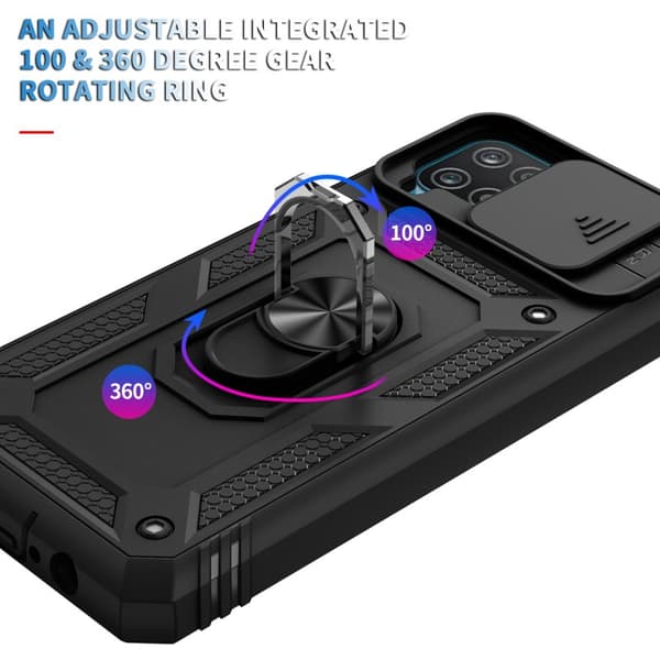 Samsung A42 5G / M42 5G Hybridskal med Ringhållare & Kameraskydd - Svart