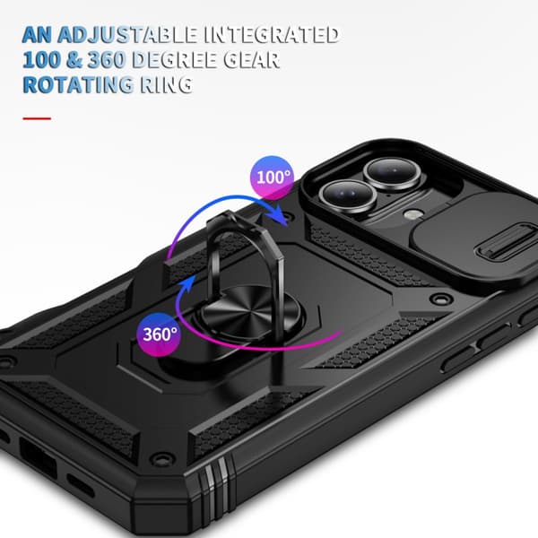 iPhone 16 Hybridskal med Ringhållare & Kameraskydd - Svart