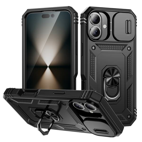 iPhone 16 Hybridskal med Ringhållare & Kameraskydd - Svart