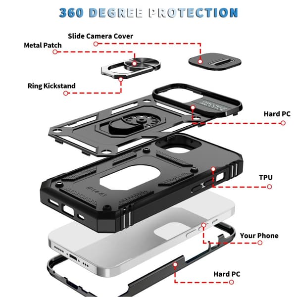 iPhone 15 Plus Hybridskal med Ringhållare & Kameraskydd - Svart