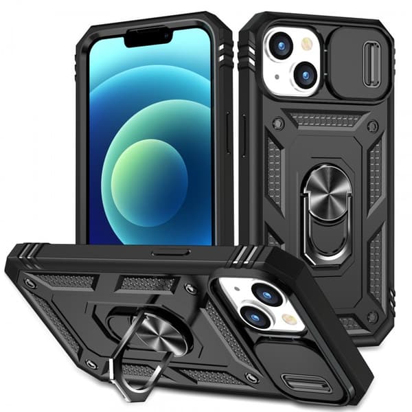 iPhone 15 Plus Hybridskal med Ringhållare & Kameraskydd - Svart