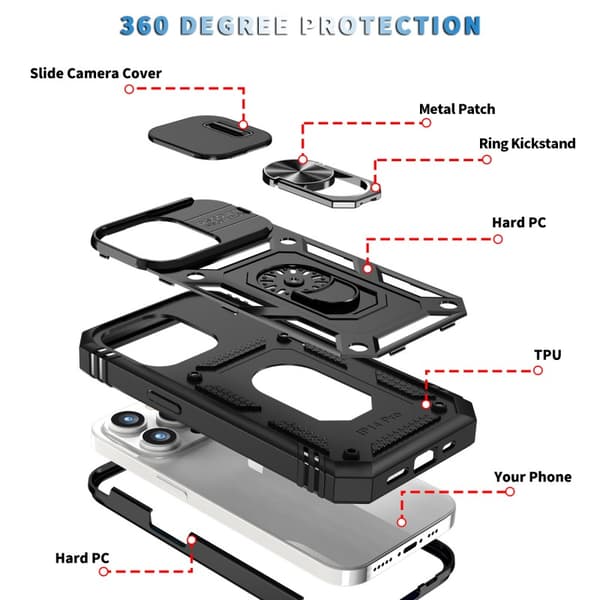 iPhone 15 Pro Hybridskal med Ringhållare & Kameraskydd - Svart