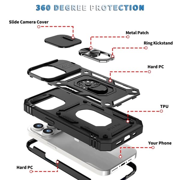 iPhone 14 Pro Hybridskal med Ringhållare & Kameraskydd - Svart