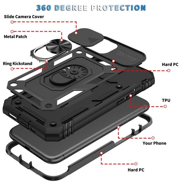 iPhone 12 / 12 Pro Hybridskal med Ringhållare & Kameraskydd - Svart