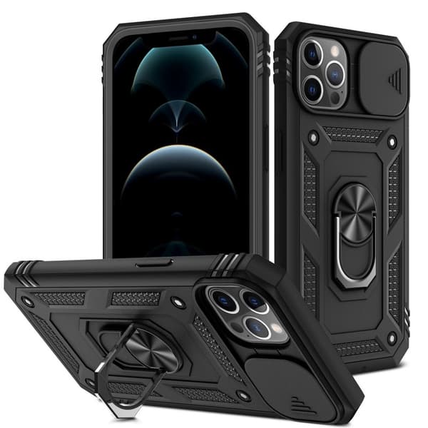 iPhone 12 / 12 Pro Hybridskal med Ringhållare & Kameraskydd - Svart