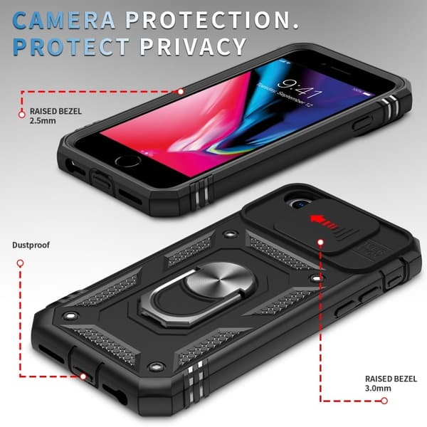iPhone 6 / 7 / 8 / SE 2020 / SE 2022 Hybridskal med Ringhållare & Kameraskydd - Svart