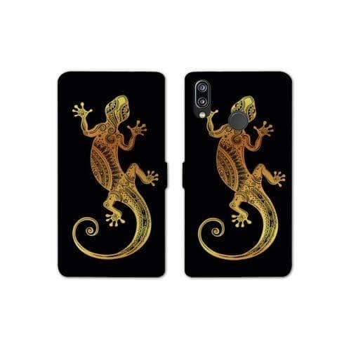 RV Läder plånboksfodral Huawei Honor 10 Lite / P Smart (2019) Maori djur en storlek Lizard On Black
