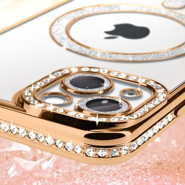 Diamantfodral till iPhone 14 - AVIZAR - Gold Rhinestone Outline - Kompatibel med MagSafe-tillbehör