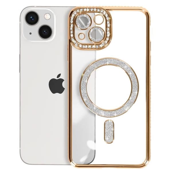 Diamantfodral till iPhone 14 - AVIZAR - Gold Rhinestone Outline - Kompatibel med MagSafe-tillbehör