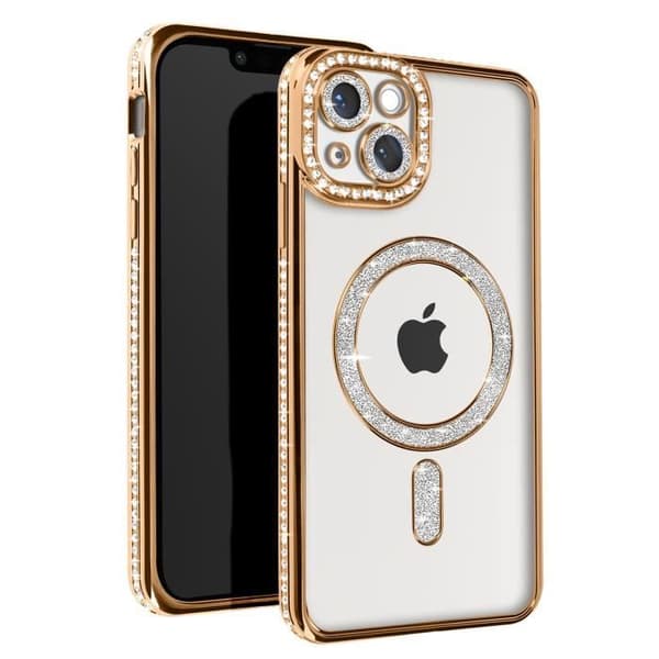 Diamantfodral till iPhone 14 - AVIZAR - Gold Rhinestone Outline - Kompatibel med MagSafe-tillbehör