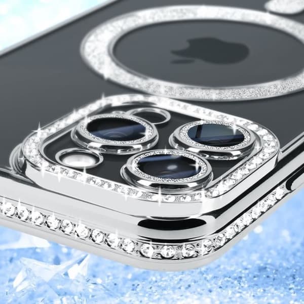 Diamantfodral för iPhone 15 Pro Max - AVIZAR - Silver Rhinestone Outline - Stel - Syntet - Blandat