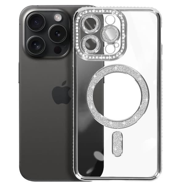 Diamantfodral för iPhone 15 Pro Max - AVIZAR - Silver Rhinestone Outline - Stel - Syntet - Blandat