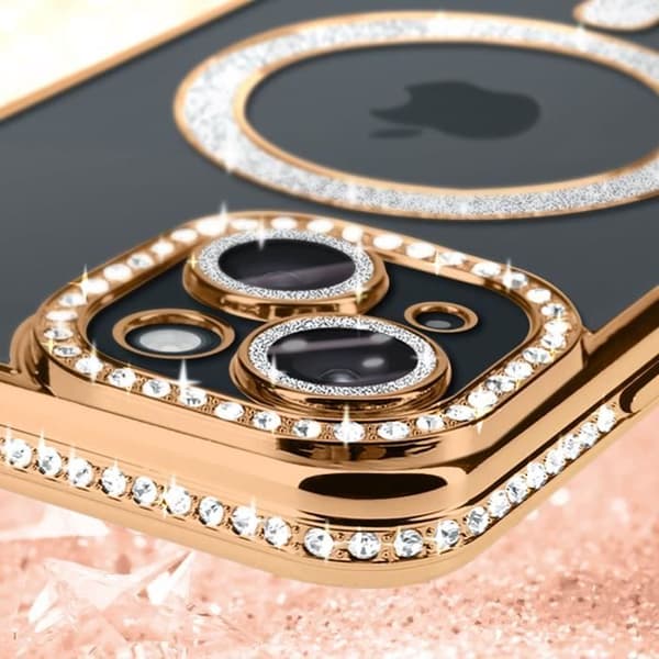 Diamantfodral till iPhone 15 MagSafe Protection Rhinestone Contour Gold