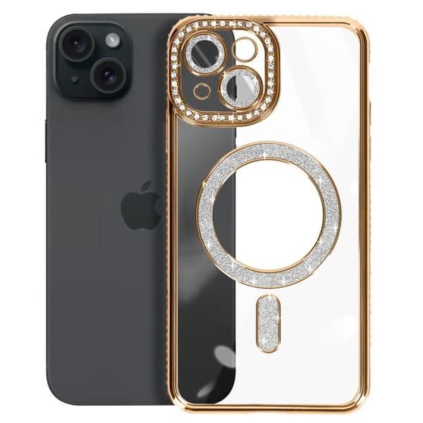 Diamantfodral till iPhone 15 MagSafe Protection Rhinestone Contour Gold