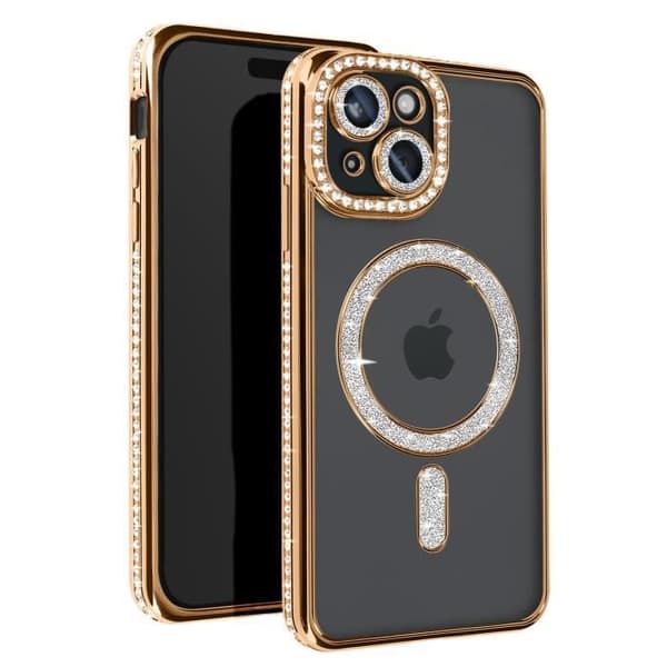 Diamantfodral till iPhone 15 MagSafe Protection Rhinestone Contour Gold