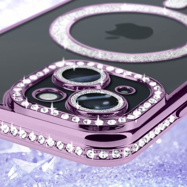AVIZAR Skyddsfodral för iPhone 15 - Lila Rhinestone Contour - MagSafe-kompatibel