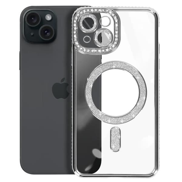 Diamantfodral till iPhone 15 MagSafe Protection Rhinestone Contour Silver