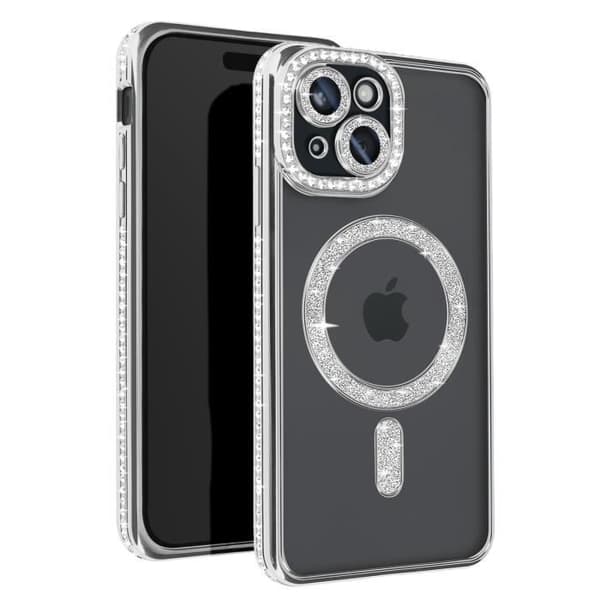 Diamantfodral till iPhone 15 MagSafe Protection Rhinestone Contour Silver