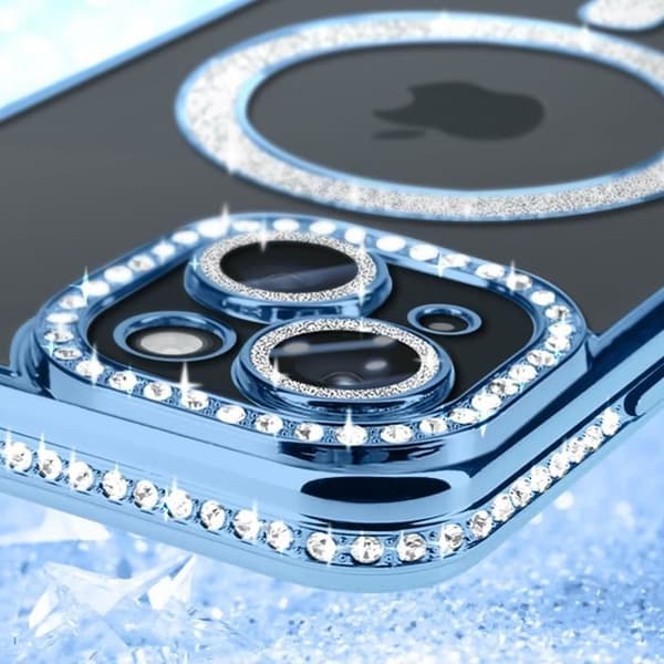 Diamantfodral till iPhone 15 - AVIZAR - Ljusblå Rhinestone Outline - MagSafe Protection