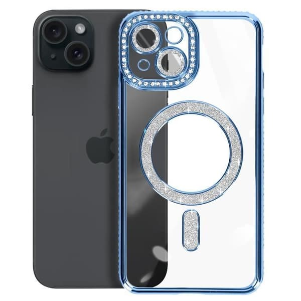 Diamantfodral till iPhone 15 - AVIZAR - Ljusblå Rhinestone Outline - MagSafe Protection