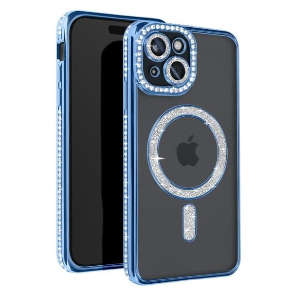 Diamantfodral till iPhone 15 - AVIZAR - Ljusblå Rhinestone Outline - MagSafe Protection