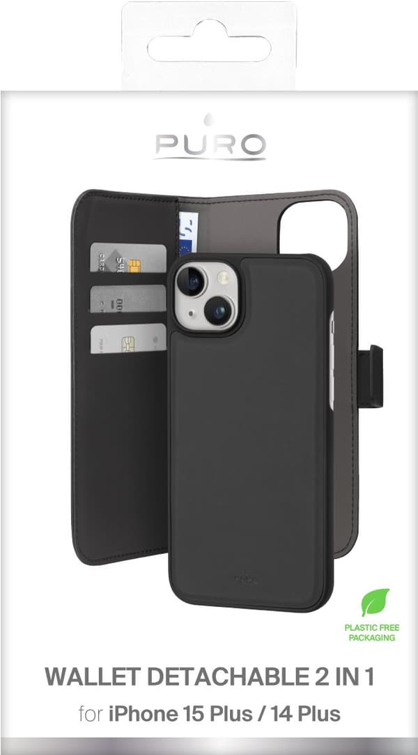 iPhone 15 Plus eco-leather detachable wallet case, black