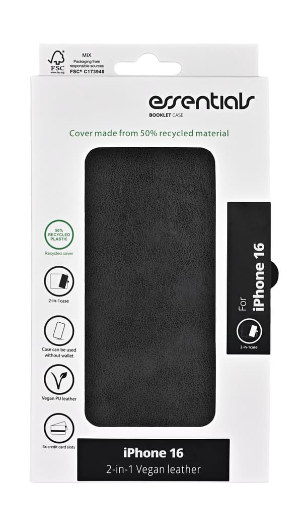 iPhone 16 PU wallet, detach, recycled, 3 cards, black