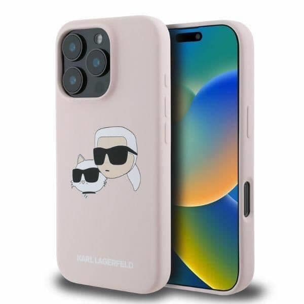 Karl Lagerfeld flytande silikon Karl och Choupette-huvudfodral för iphone 16 Pro 6,3" Rosa - KLHMP16LSKCHPPL